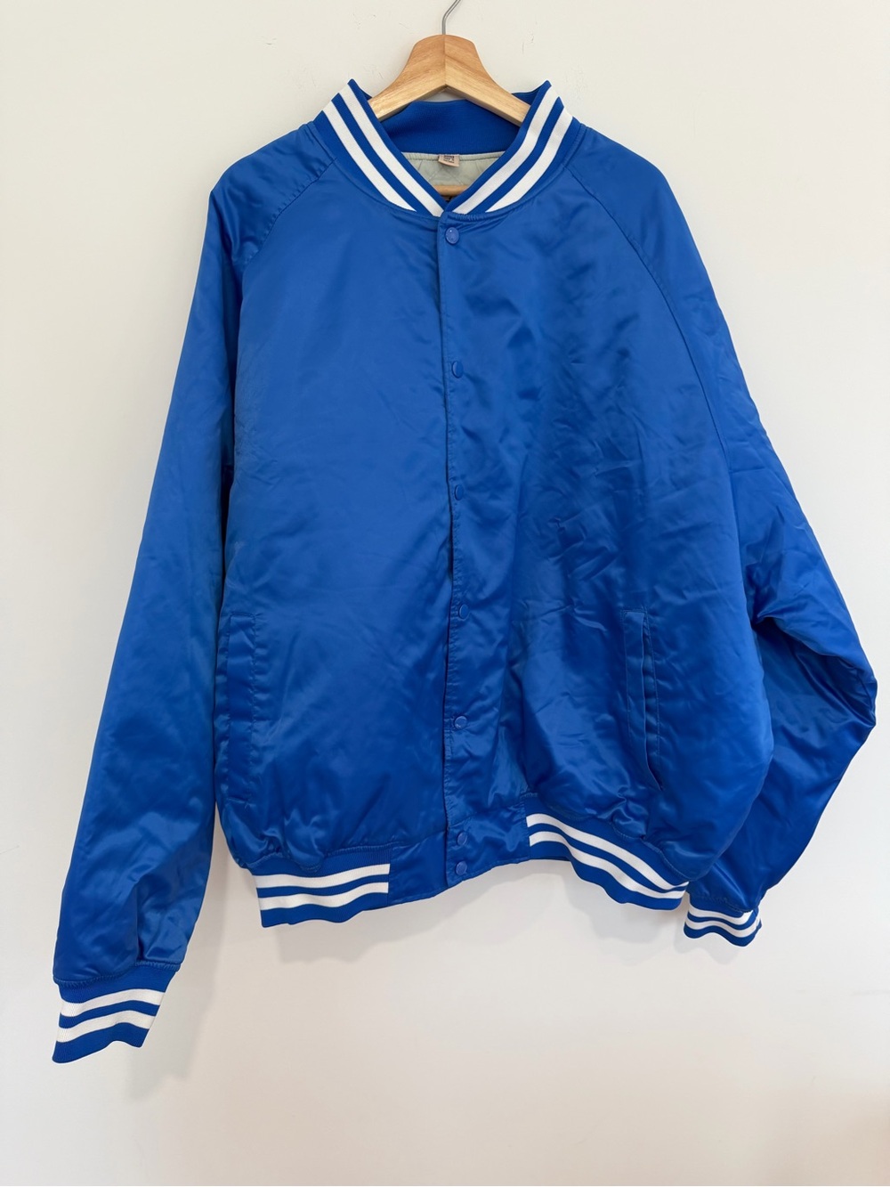 Men's Blue Satin Bomber Jacket with stripe trim, vintage XXXL